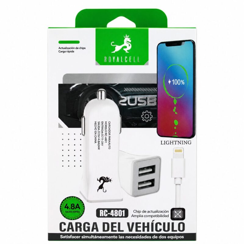 Cargador para auto 2 USB con cable para iPhone (RC-4801)