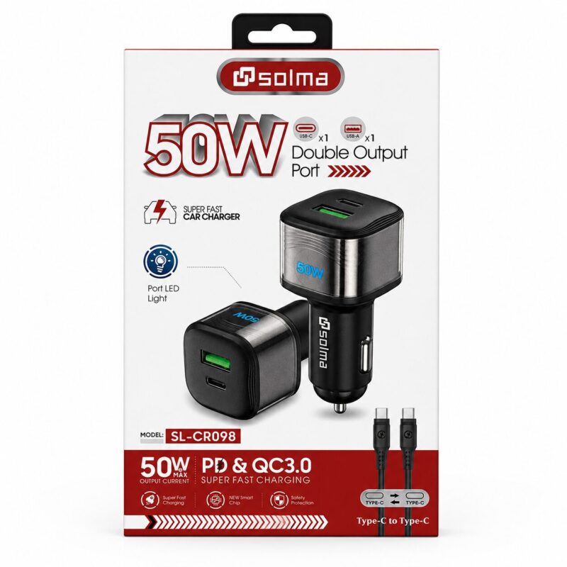 Cargador para auto 50W USB-C + USB-A con cable tipo C (SL-CR098)