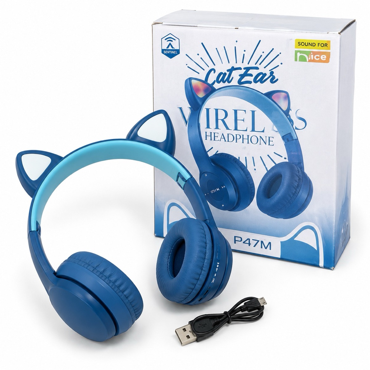 Auriculares Cat Ear P47M azules con orejitas y su caja